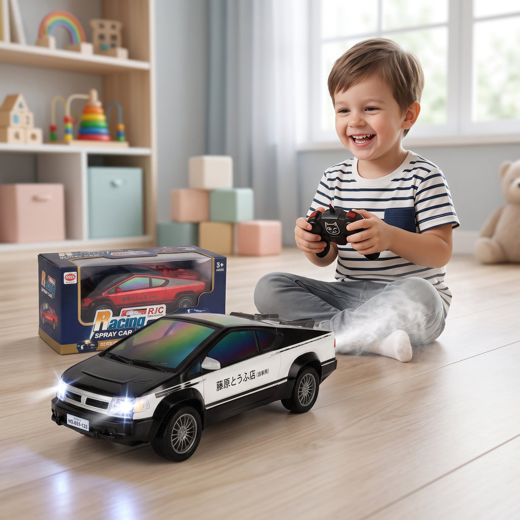 Rechargeable RC Racing Car | Remote Control Spray Car with Lights, Music & USB Charging