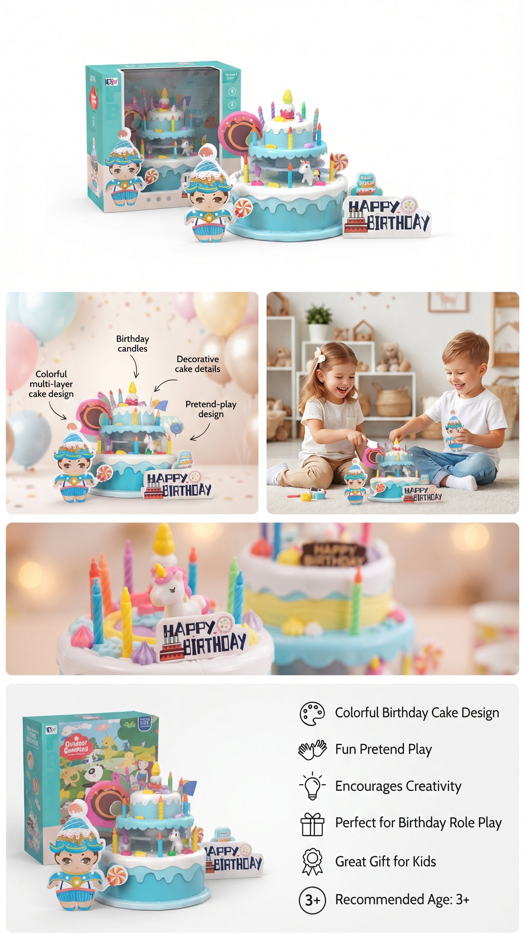Kids Happy Birthday Cake Pretend Play Set – Colorful Multi-Layer Birthday Party Toy with Candles and Accessories (Age 3+)