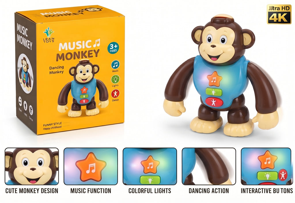 Music Monkey Dancing Toy – Interactive Musical Walking Toy with Colorful Lights, Sound Effects, and Easy Press Buttons for Toddlers Age 3+