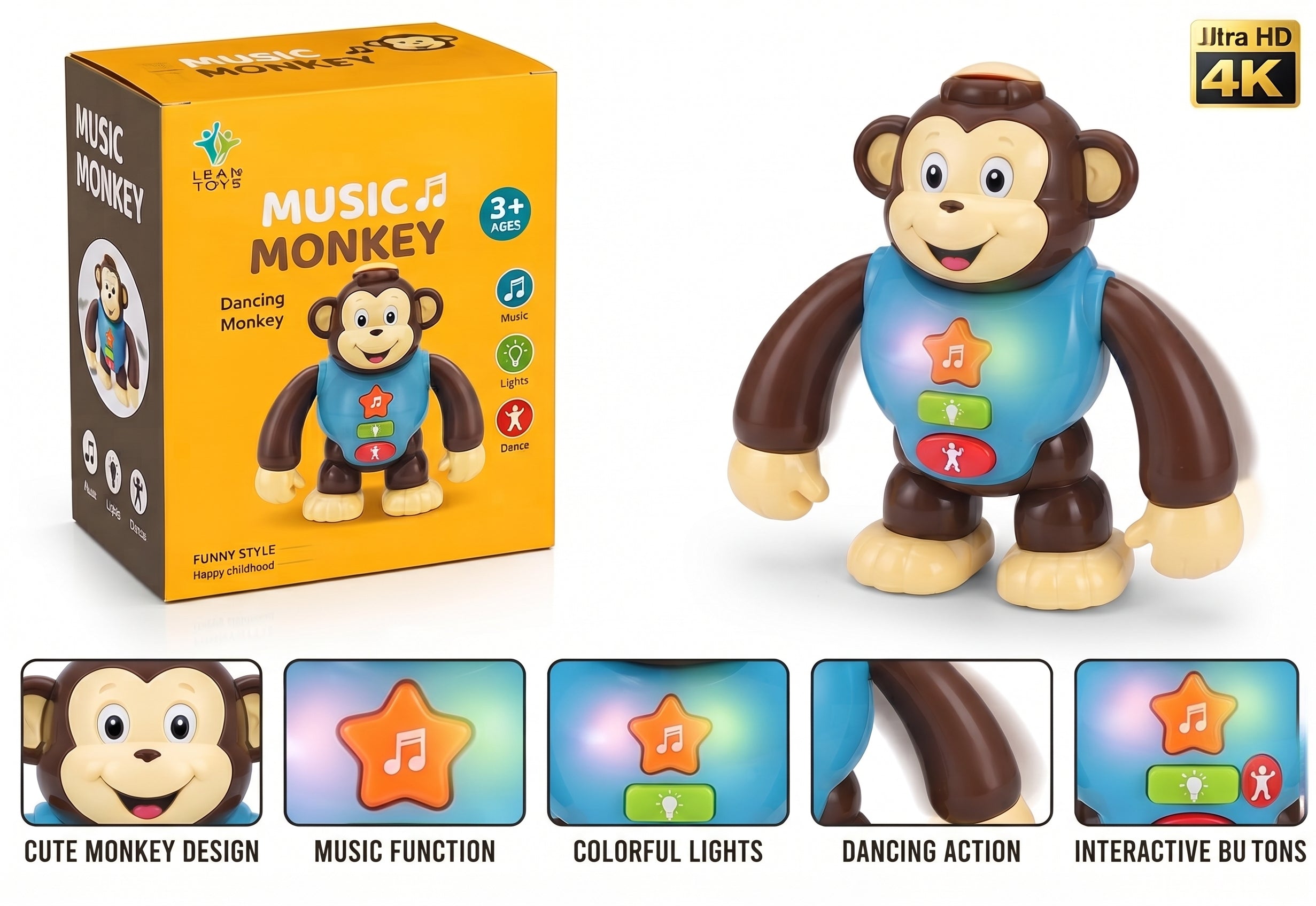 Music Monkey Dancing Toy – Interactive Musical Walking Toy with Colorful Lights, Sound Effects, and Easy Press Buttons for Toddlers Age 3+