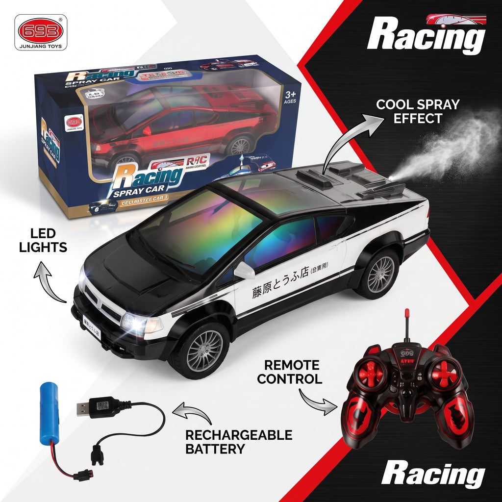 Rechargeable RC Racing Car | Remote Control Spray Car with Lights, Music & USB Charging