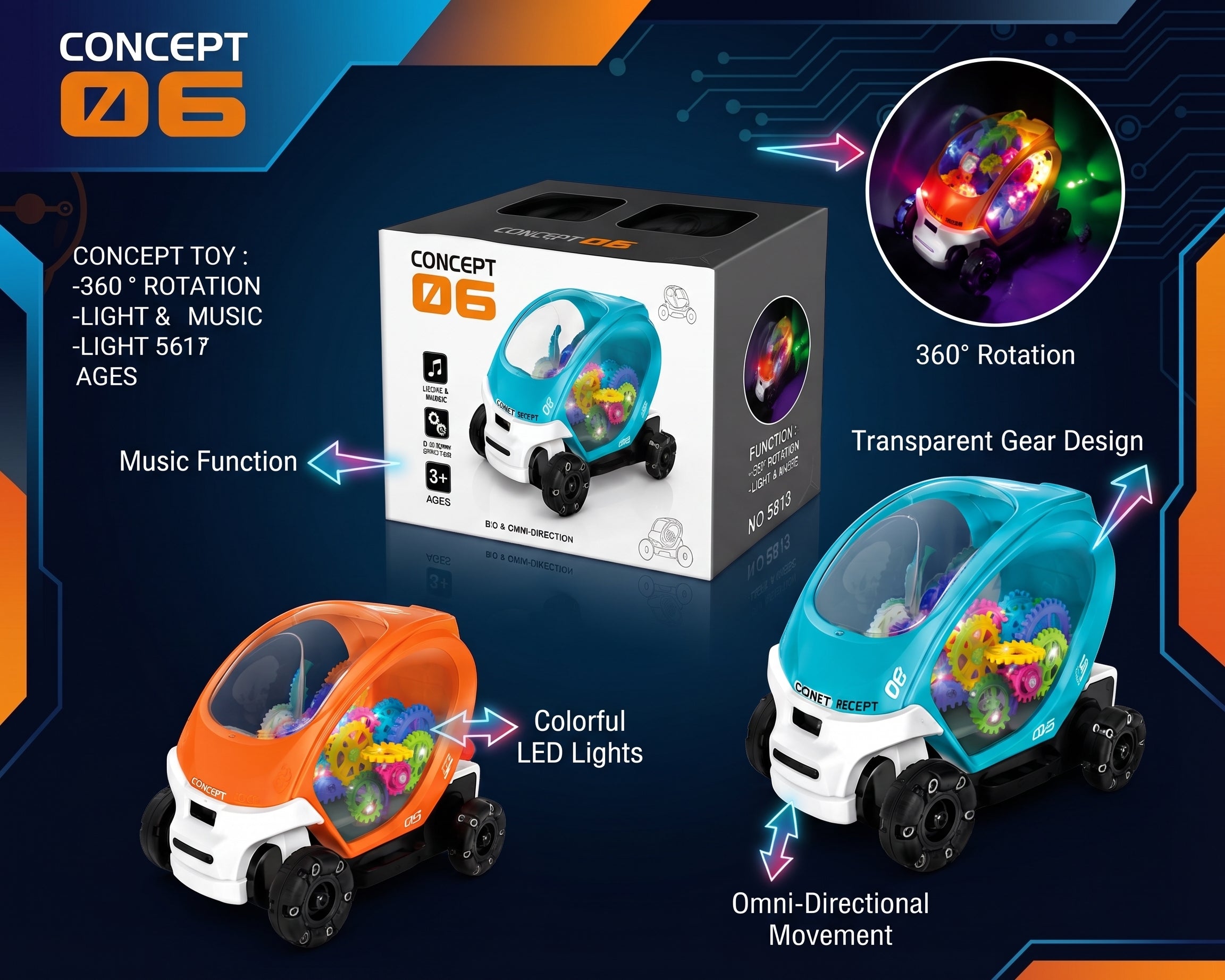 Concept 06 360° Rotation Toy Car with Lights & Music – Omni-Directional Gear Vehicle