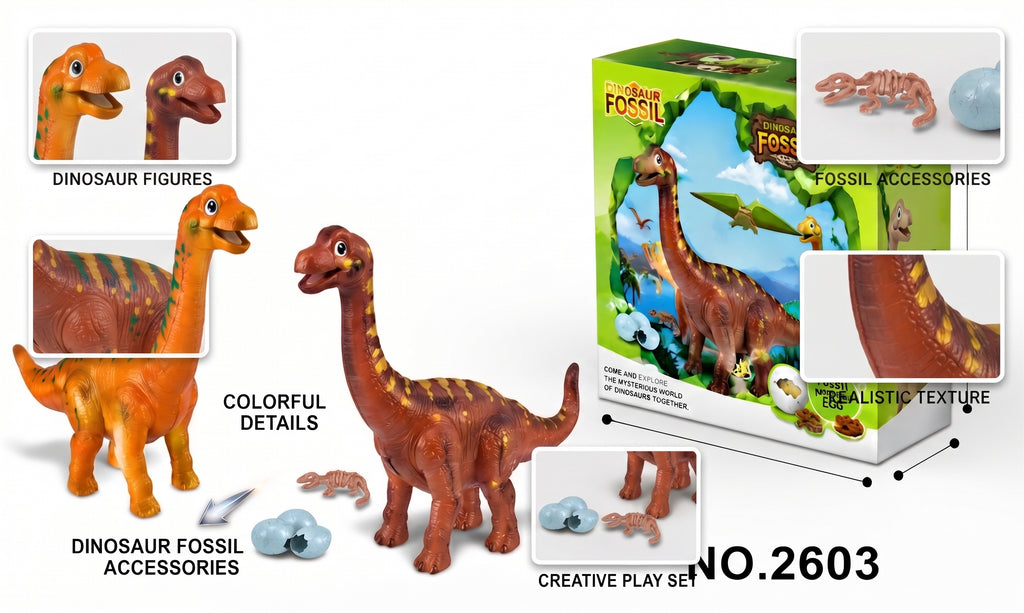 Dinosaur Fossil Toy Set – Prehistoric Brachiosaurus Figures with Fossil Skeletons, Hatching Eggs, Discovery Rocks, and Display Box for Kids Age 3+