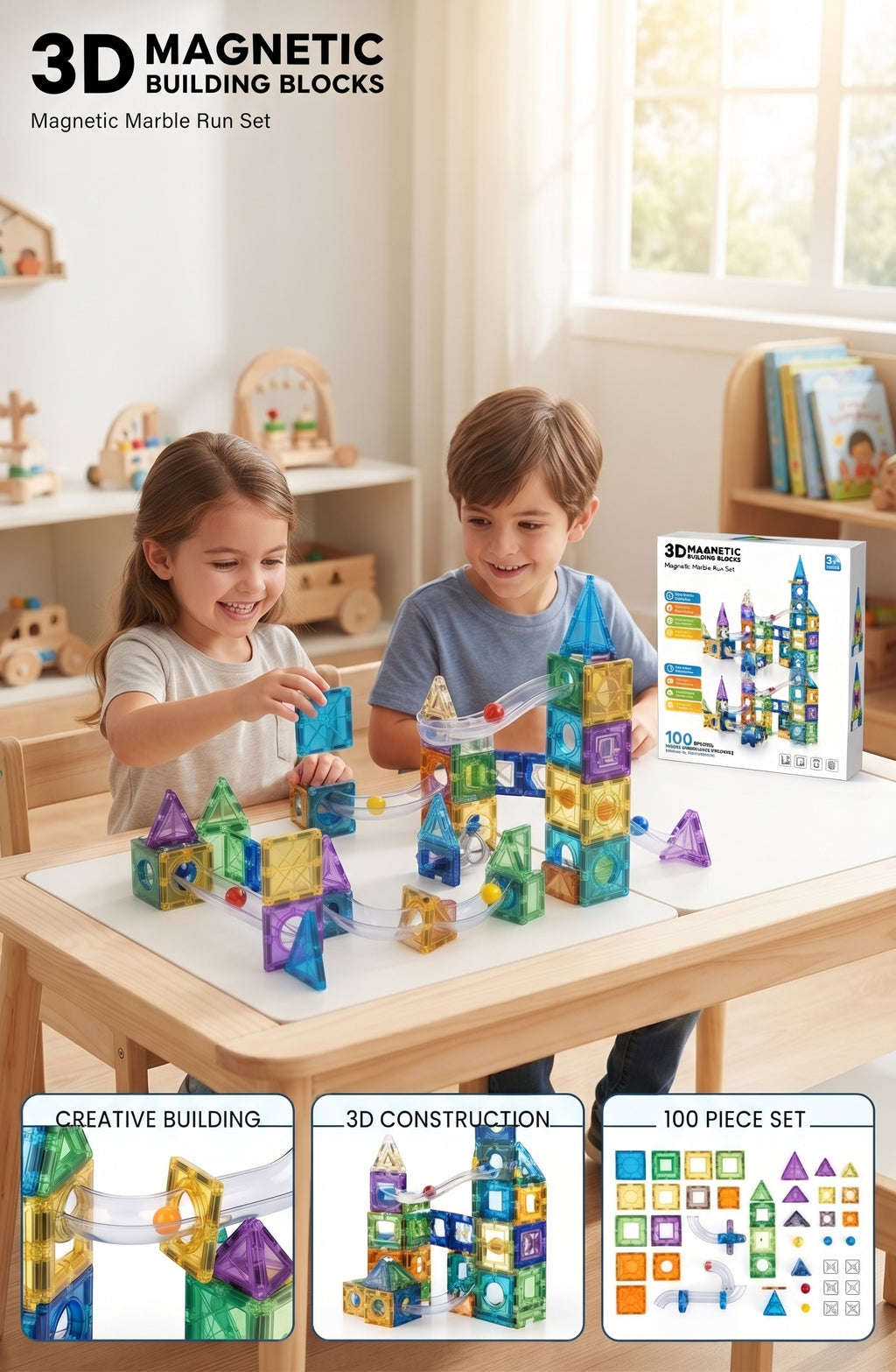 100 Pieces 3D Magnetic Building Blocks Marble Run Set – Educational STEM Construction Toy with Transparent Colorful Tiles, Racing Tracks, and Gift Box for Kids Age 3+