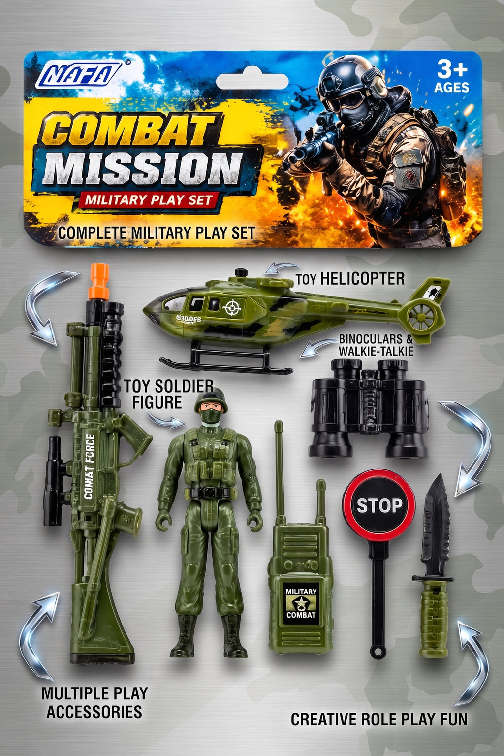 Combat Mission Military Play Set – Action-Packed 4-Inch Toy Soldier, Camouflage Helicopter, Rifle, Binoculars, and Role-Play Gear for Kids Age 3+