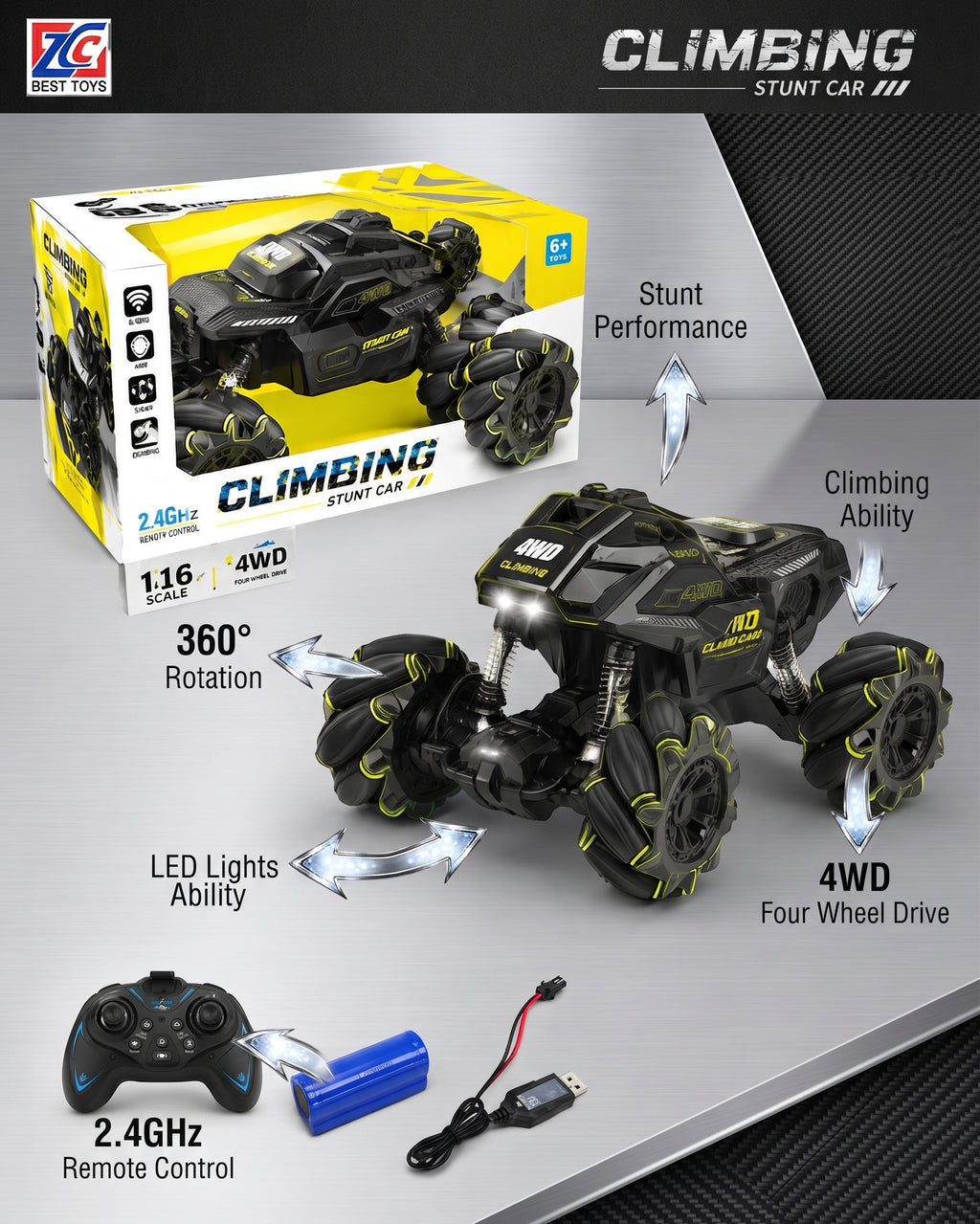 RC Climbing Stunt Car – 1:16 Scale 2.4GHz 4WD Off-Road Monster Truck with Gesture Sensing, 360° Rotation, All-Terrain Climbing, and Bright LED Lights for Kids Age 6+