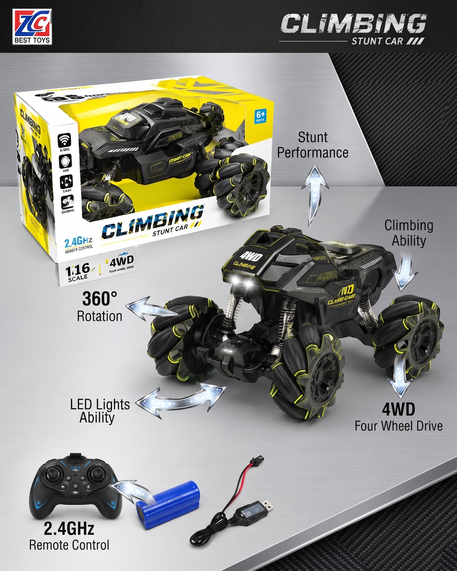 RC Climbing Stunt Car – 1:16 Scale 2.4GHz 4WD Off-Road Monster Truck with Gesture Sensing, 360° Rotation, All-Terrain Climbing, and Bright LED Lights for Kids Age 6+