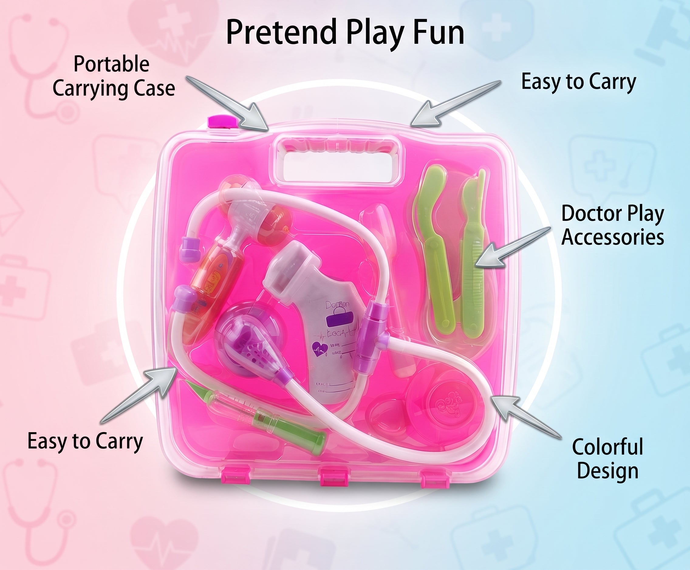 Kids Doctor Medical Play Set with Portable Pink Carrying Case
