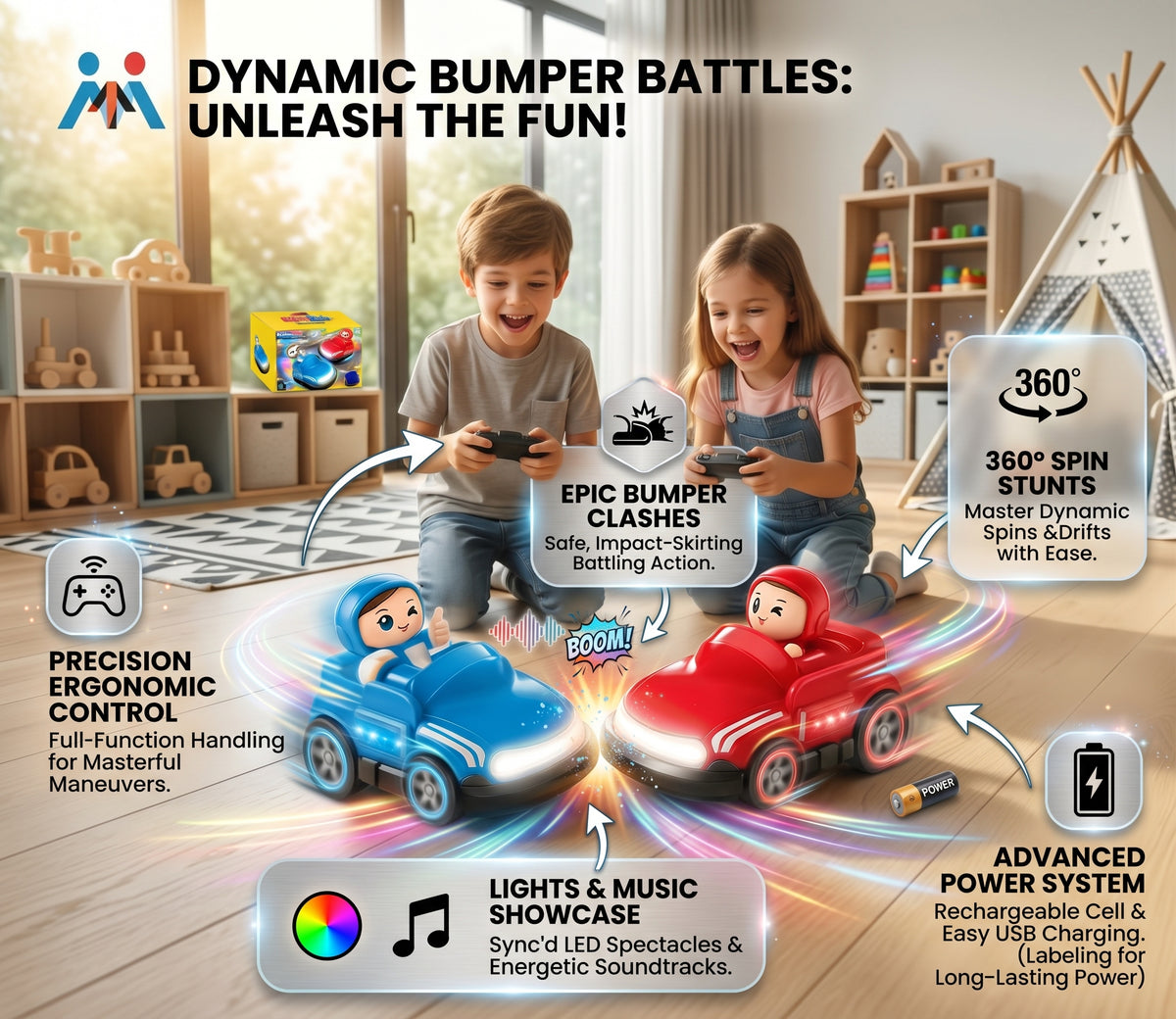 Interactive RC Bumper Car Set with 360° Spin, Lights & Music