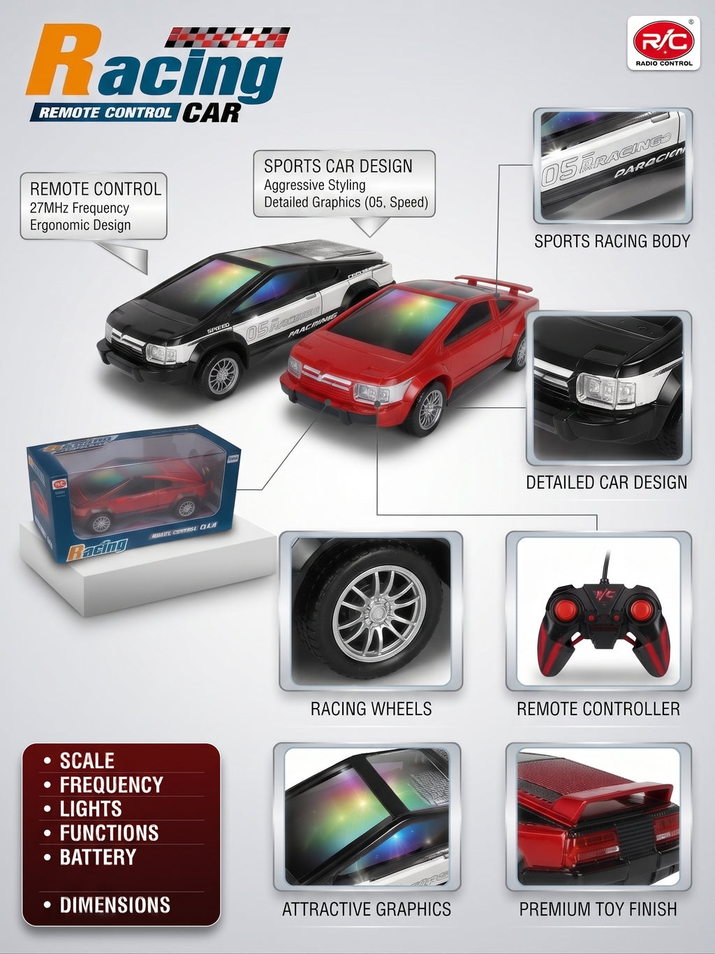 Racing Remote Control Car - 1:24 Scale RC Toy with Multi-Color Roof Lights, Full Function Radio Control, and USB Charging