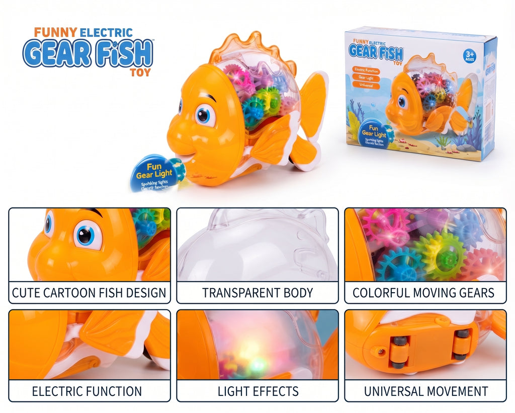 Funny Electric Gear Fish Toy – Transparent Moving Mechanical Fish with Colorful Gears, Dazzling Light Effects, and Universal Motion Bump-and-Go Action