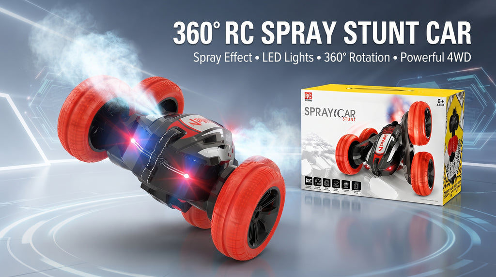 RC Spray Stunt Car – 2.4GHz 4WD Double-Sided Tumbling Remote Control Car with Mist Smoke Effect, 360° Rotating Flashing LED Lights, and Rechargeable Battery for Kids Age 6+