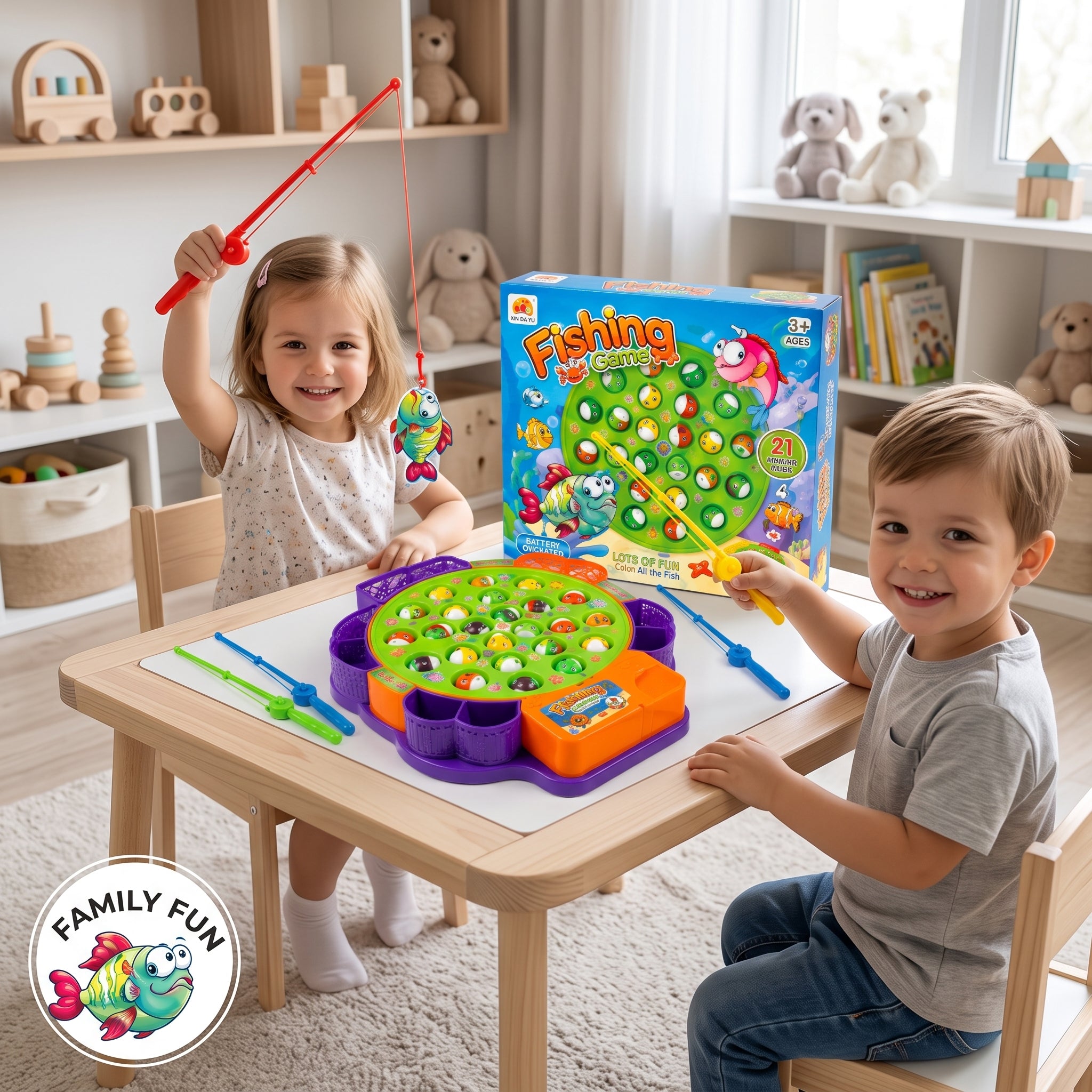 21 Fish Rotating Fishing Game for Kids | Musical Battery Operated Fishing Toy with 4 Rods