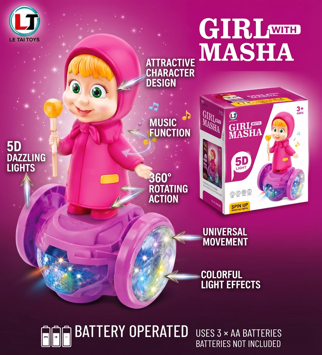 Girl with Masha - 5D Light & Musical Rotating Toy with Universal Movement and Dazzling Colorful Lights