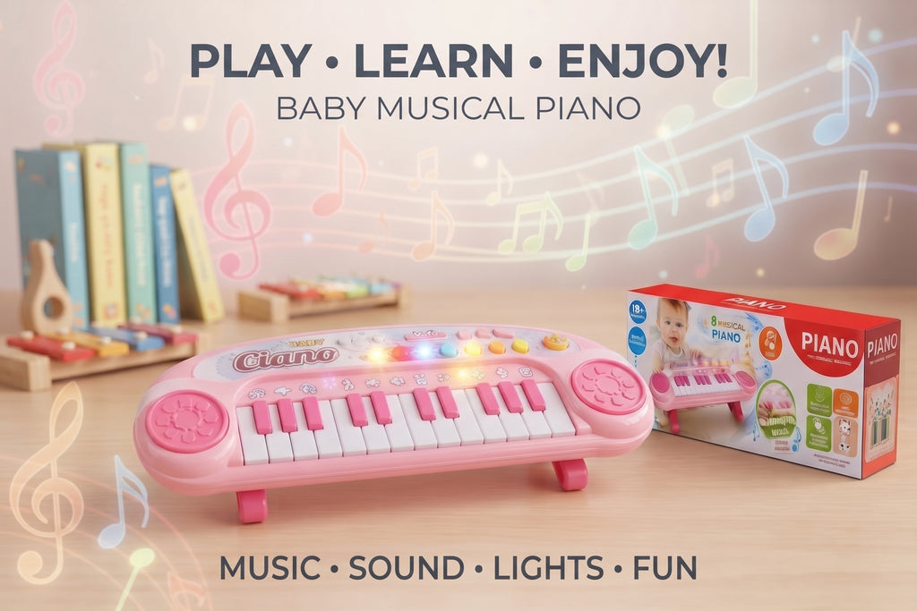 Baby Musical Piano Keyboard Toy – Pink Infant Learning Piano with 8 Melodies, Colorful Light-Up Effects, Multiple Tones, and Interactive Development Box