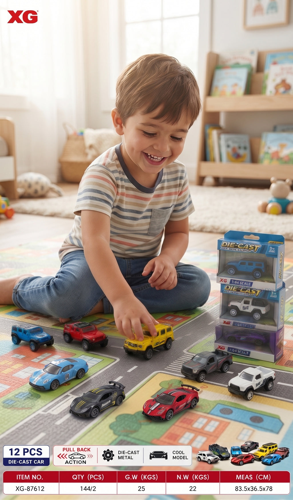 12 PCS Die-Cast Metal Car Set – 1:64 Scale Pull-Back Toy Car Collection