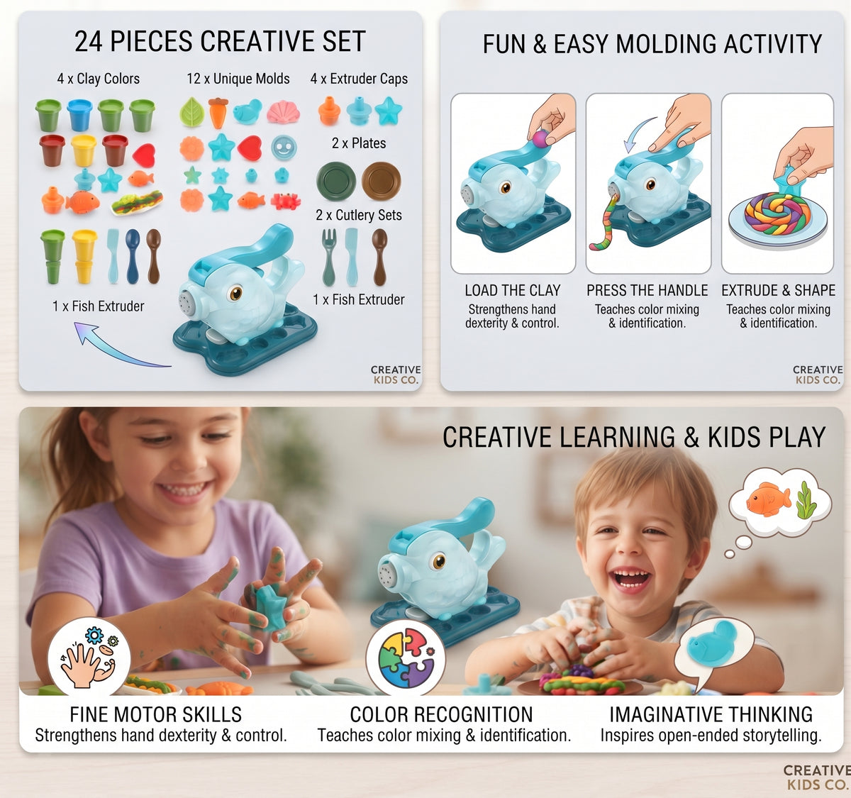 DIY Fish Molding & Mud Bar Set - 24 Pieces Creative Educational Clay Toy, Safe Modeling Dough Kit with Extruder Machine, Molds, and Cutlery for Kids