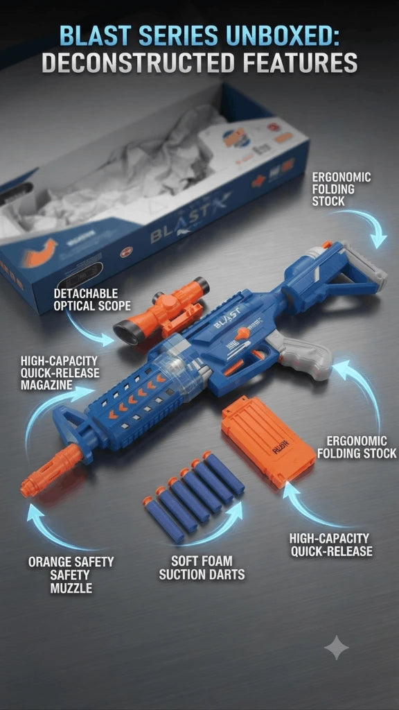 Blast Soft Bullet Toy Gun – Long Distance Action Blaster with Magazine Clip and Scope for Kids