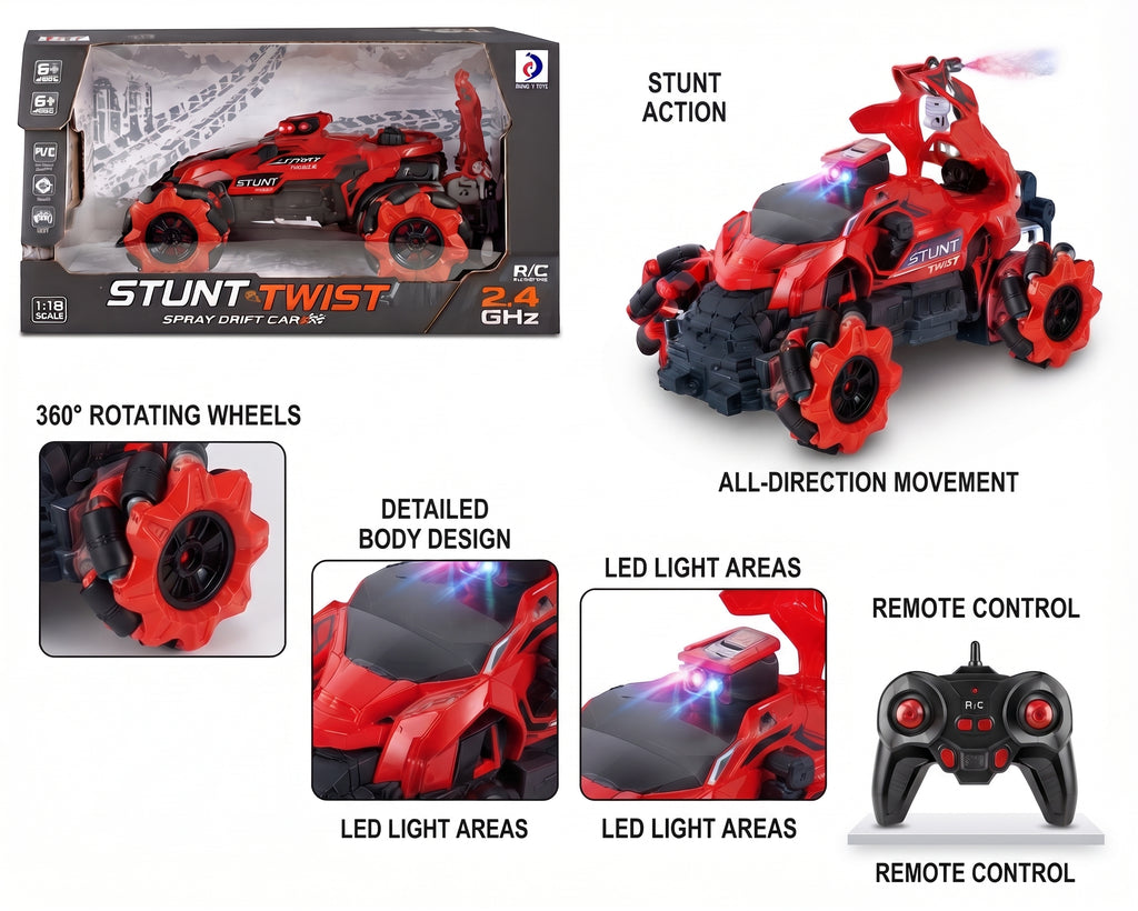 2.4GHz RC Stunt Twist Car (Item No. 2076A-MY) – High-Speed Spray Drift Vehicle with 360° Rotating Mecanum Wheels, LED Lights, and Remote Control for Kids Age 6+