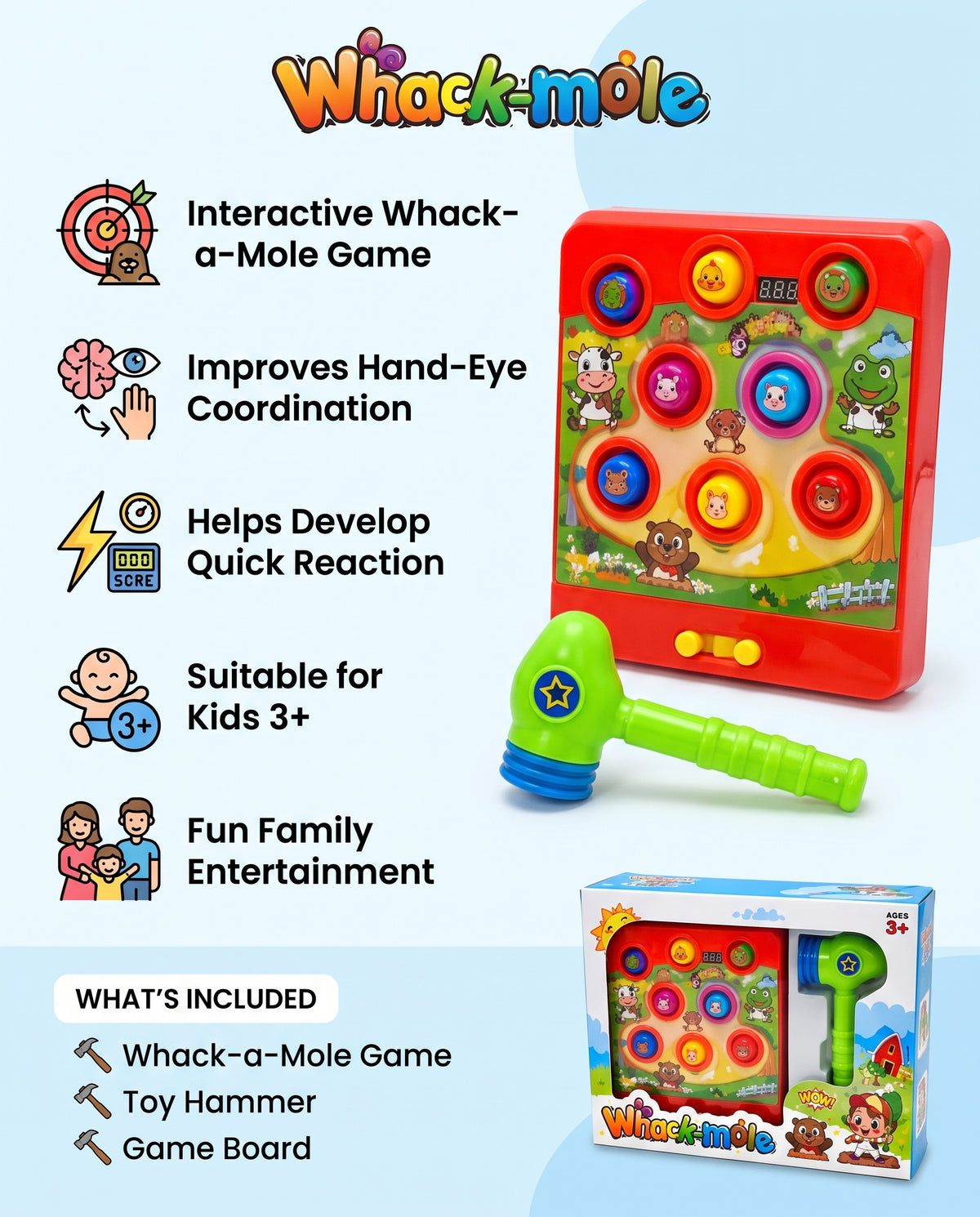 Interactive Whack-a-Mole Game with Light-Up Moles & Toy Hammer | Educational Reaction Toy for Kids (Ages 3+)