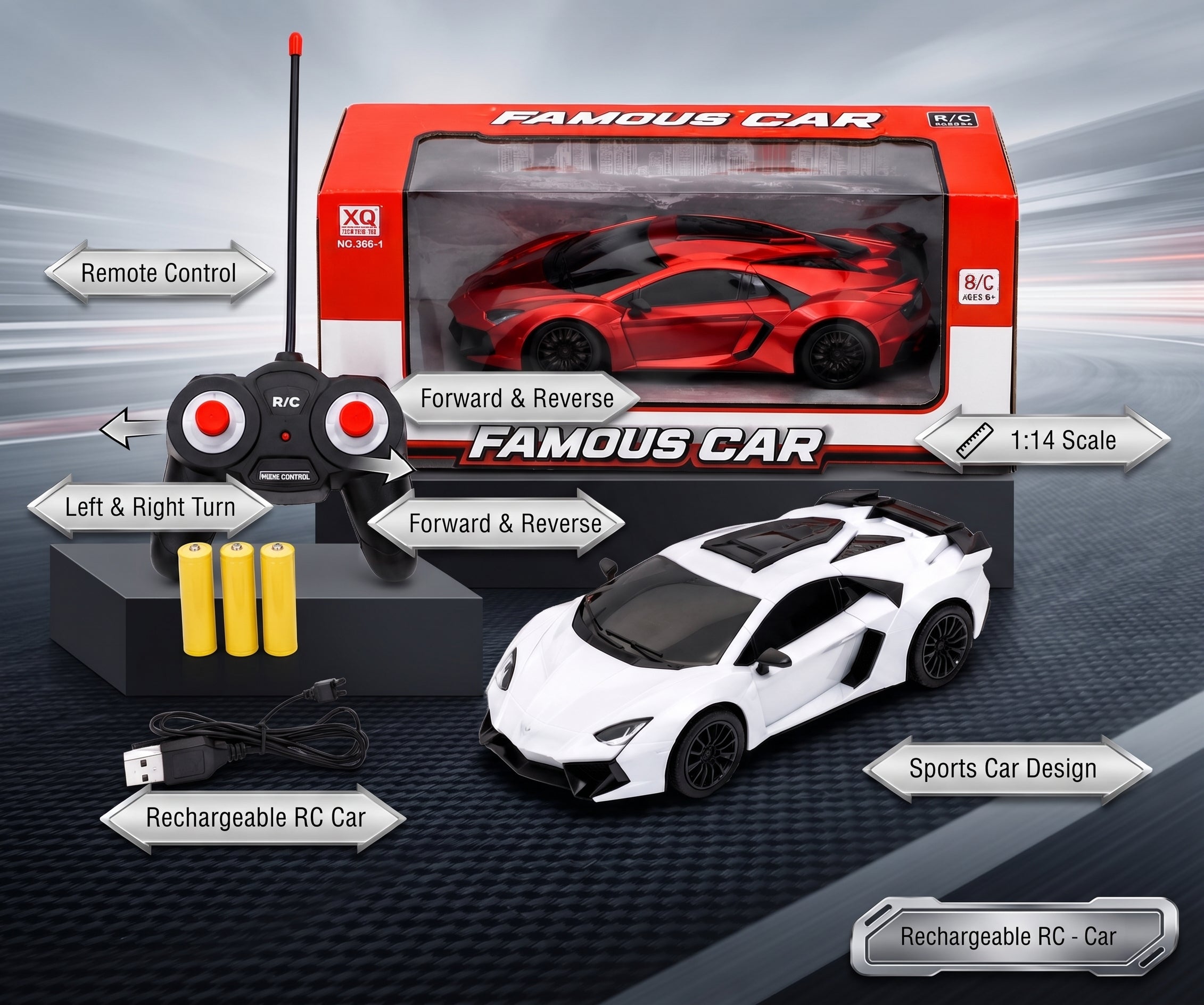 1:14 Remote Control Sports Car – Rechargeable RC Racing Car Toy for Kids