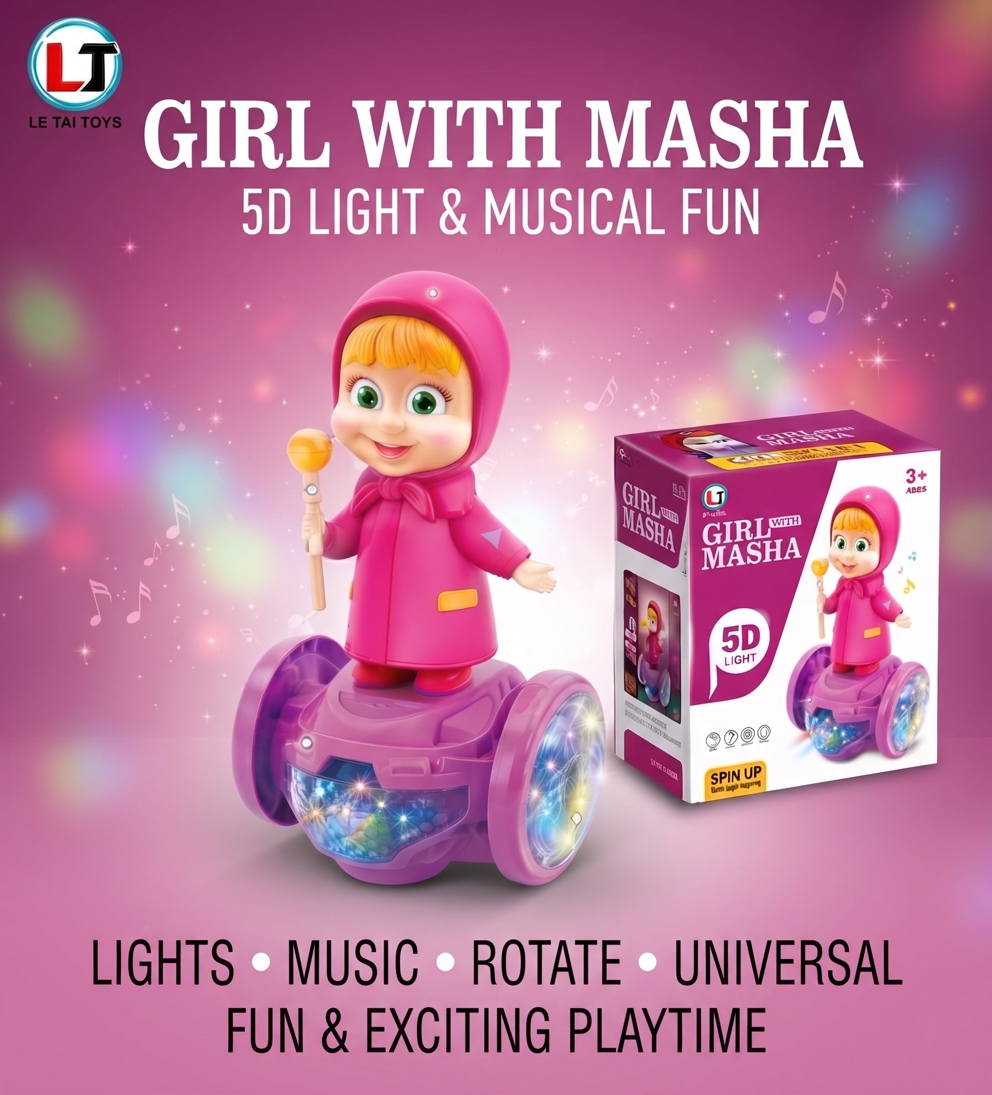 Girl with Masha - 5D Light & Musical Rotating Toy with Universal Movement and Dazzling Colorful Lights
