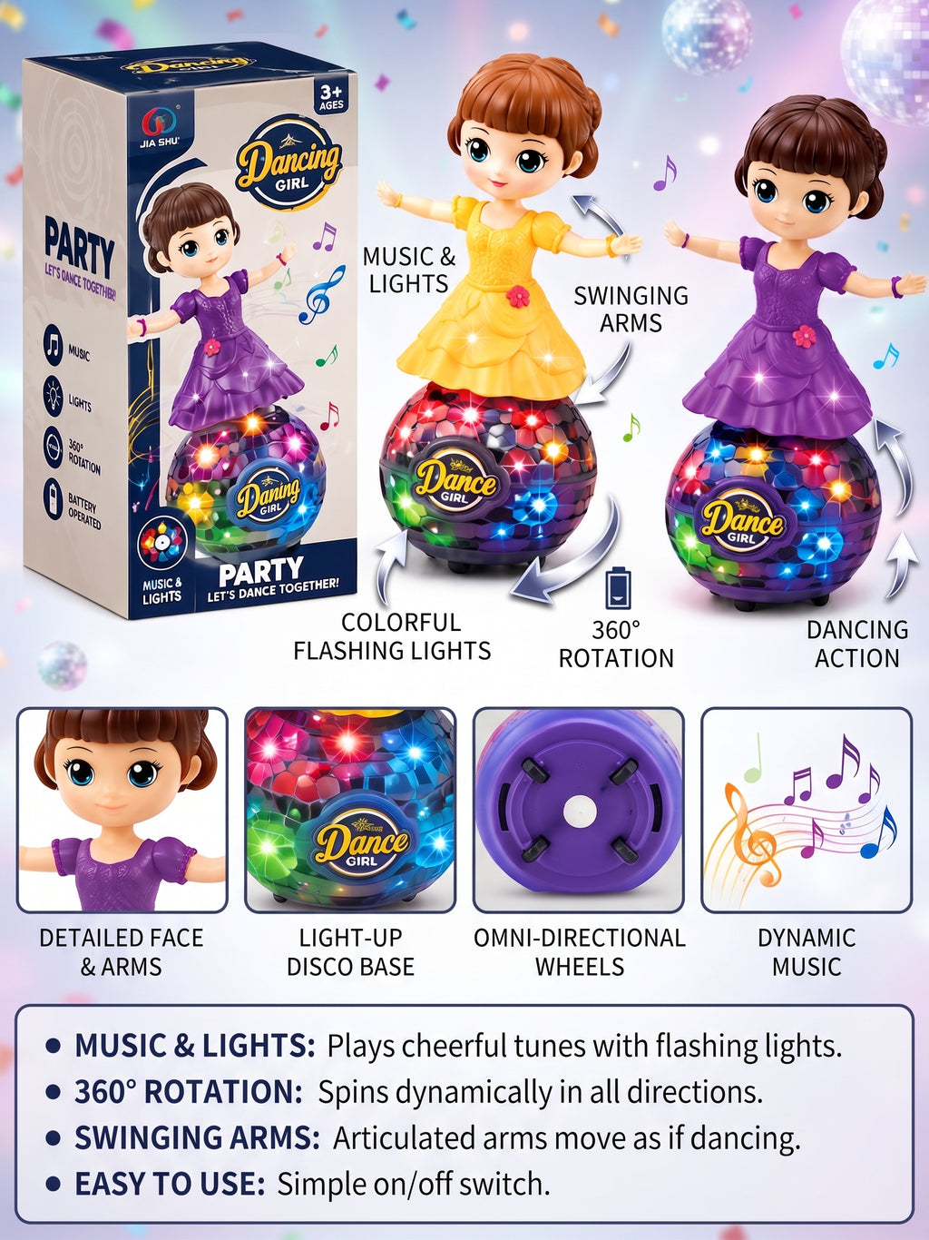 Dancing Girl Musical Toy – Rotating Electronic Doll with Dazzling Disco Ball Base, Colorful Flashing Lights, Cheerful Tunes, and Swinging Arms for Kids