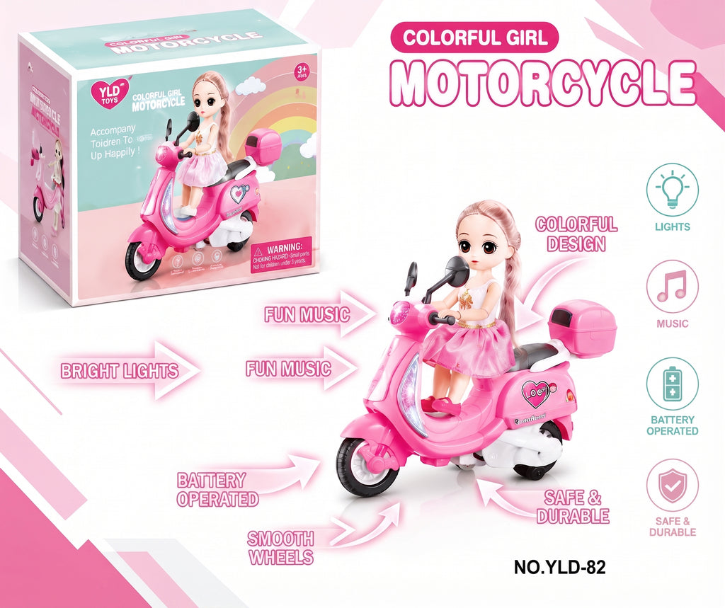 Colorful Girl Motorcycle Doll Toy – Pink Electric Scooter Play Set with Cute Fashion Doll, Working LED Headlight, Music, and Battery-Operated Action for Kids Age 3+