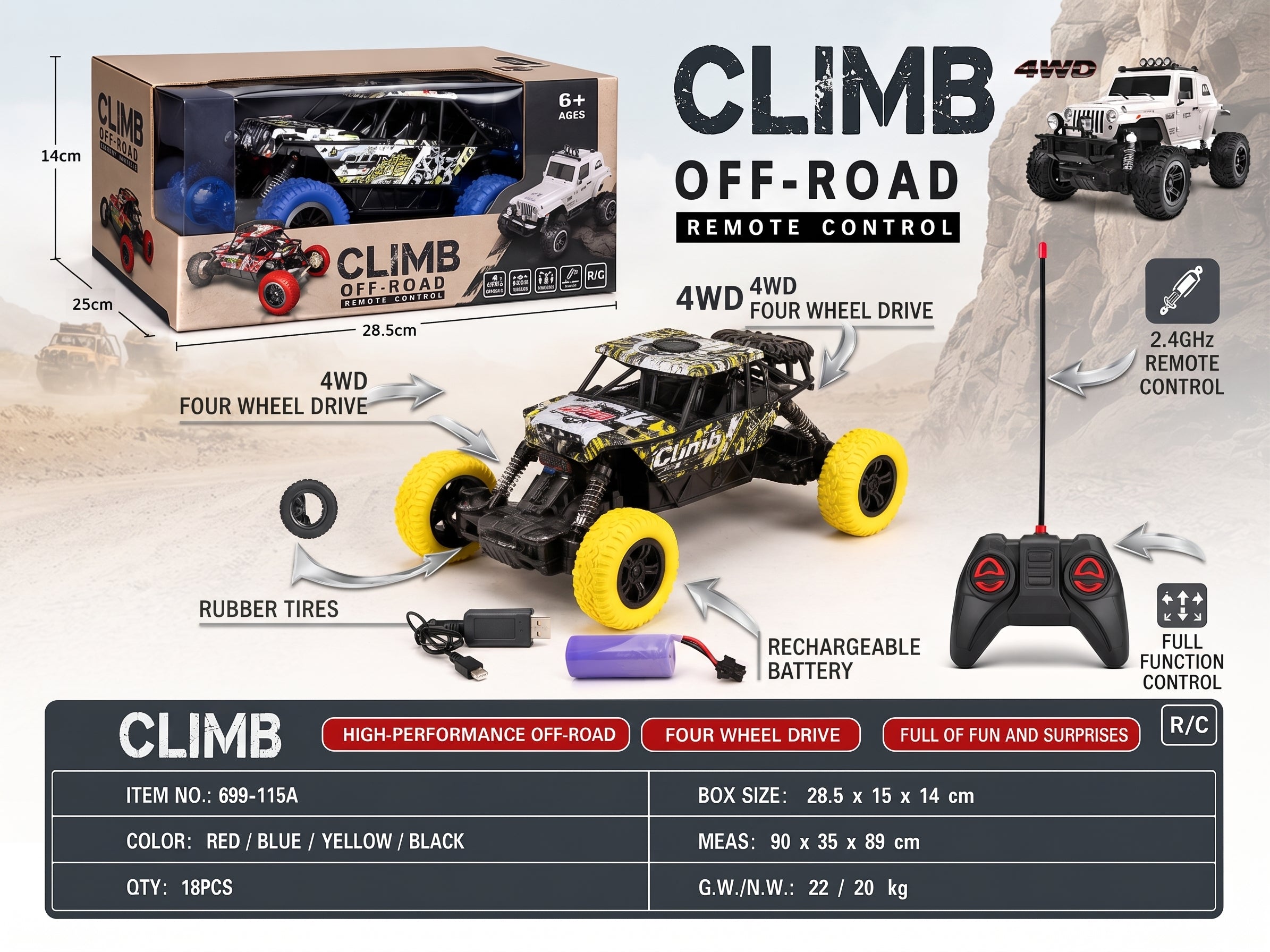 CLIMB Off-Road RC Car – 4WD High-Performance Remote Control Monster Truck with 2.4GHz Controller, Shock Absorbers, Rubber Tires, and Rechargeable Battery for Kids Age 6+