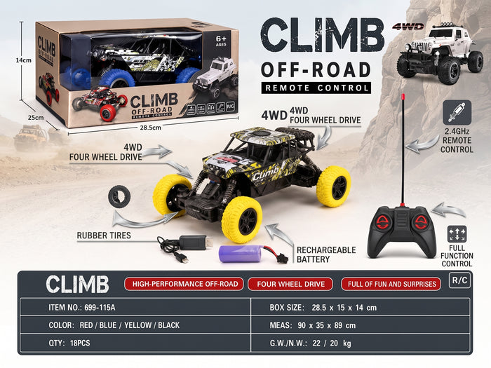 CLIMB Off-Road RC Car – 4WD High-Performance Remote Control Monster Truck with 2.4GHz Controller, Shock Absorbers, Rubber Tires, and Rechargeable Battery for Kids Age 6+
