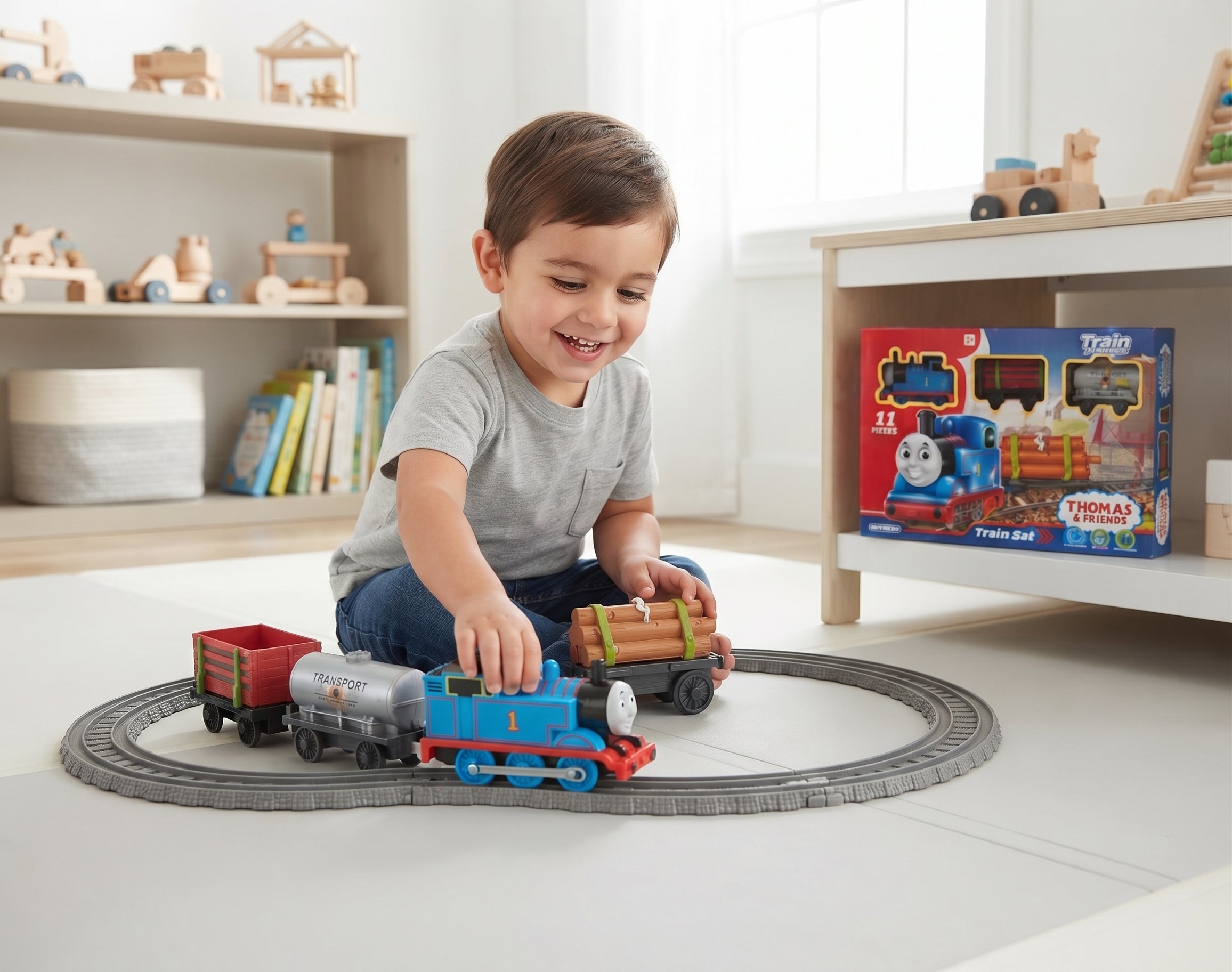 11 Pieces Motorized Train Set with Tracks, Cargo Wagons & Accessories