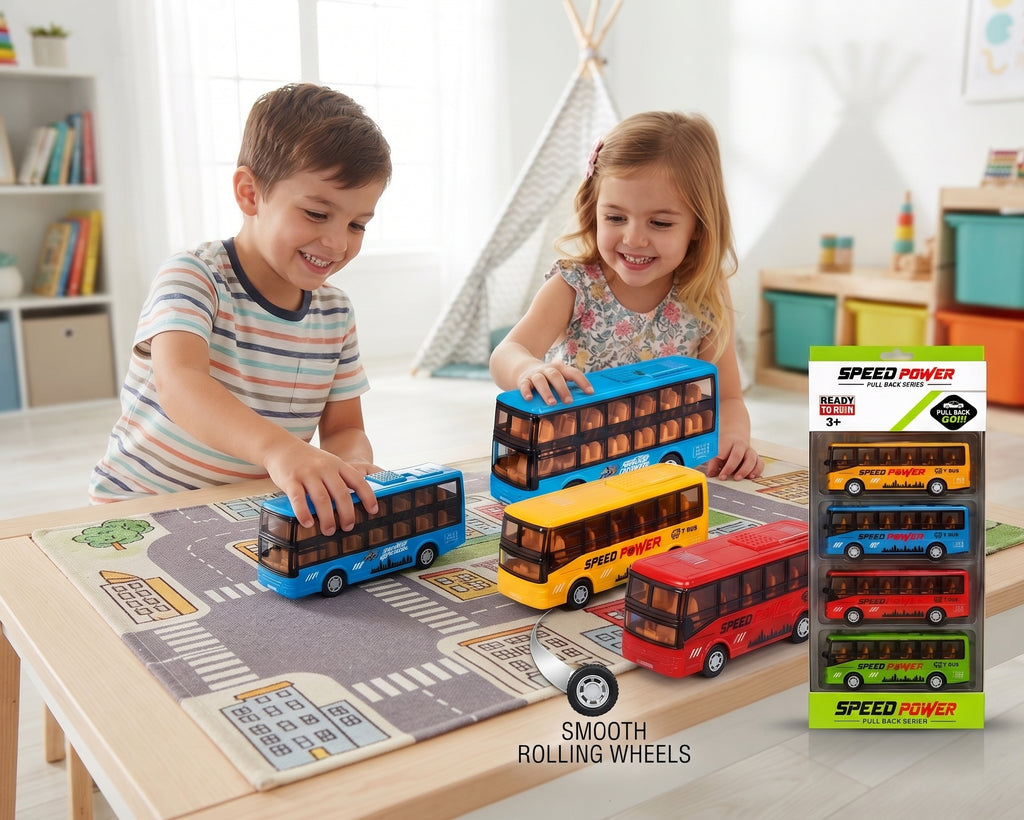 Pull Back Double Decker City Bus Toy Set – 4 Colorful Mini Buses for Kids