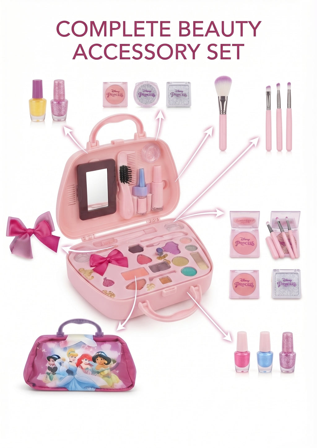 Kids Princess Beauty & Makeup Handbag Play Set – Portable Cosmetic Toy Kit with Mirror, Pretend Makeup Accessories & Storage Case for Girls