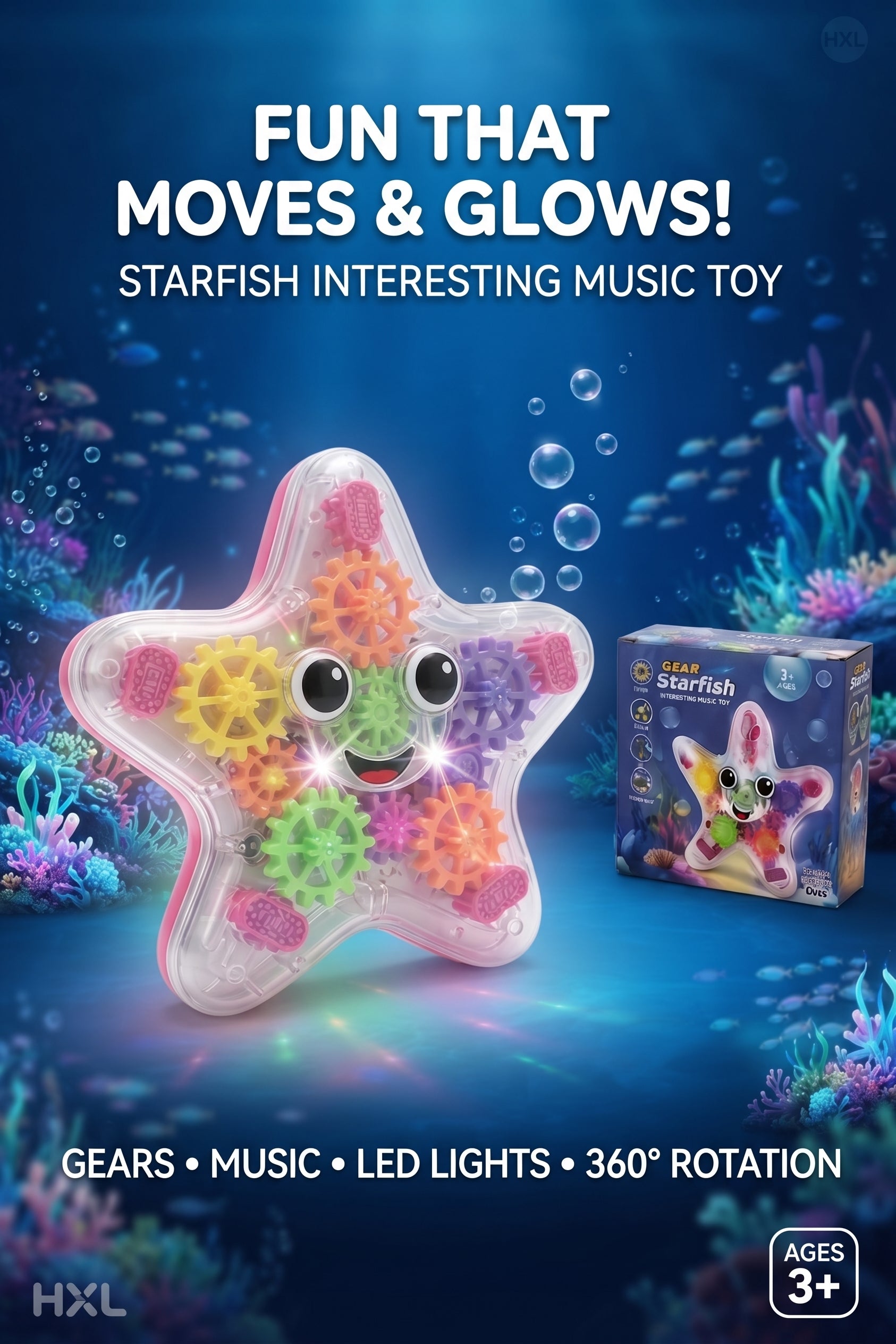 Gear Starfish Interesting Music Toy – Transparent Moving Mechanical Starfish with Colorful Rotating Gears, LED Lights, and 360° Rotation