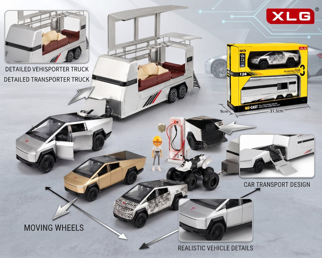 XLG 1:24 Die-Cast Car Transporter Truck Toy Set – Pull Back Series with Simulation Sound, Light, Portable Storage, Mini Vehicles, and Display Box for Kids Age 6+