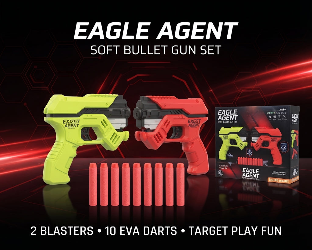 Eagle Agent Soft Bullet Gun Set – Dual Blaster Toy Set with 10 Reusable EVA Foam Darts and Display Box for Kids Age 6+