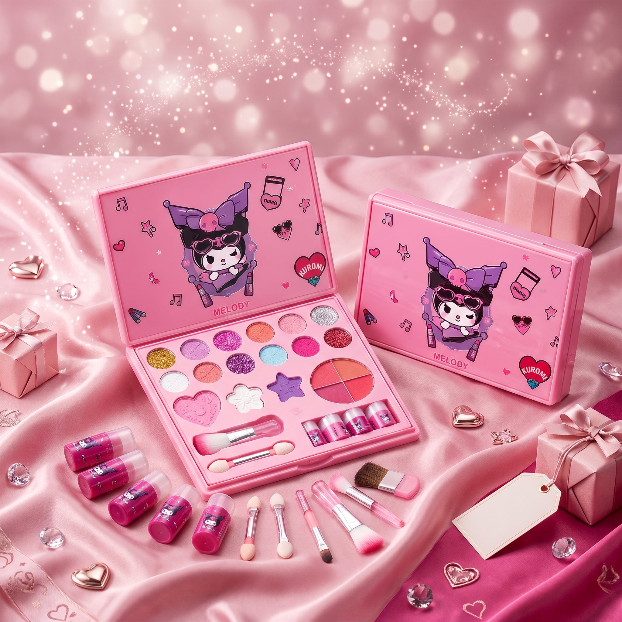 Kids Pink Makeup Kit | Cute Foldable Makeup Palette Set with Brushes & Colorful Makeup Shades