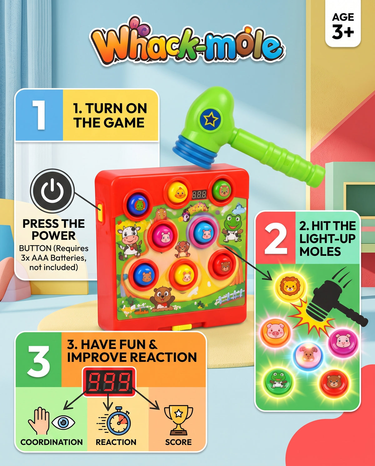 Interactive Whack-a-Mole Game with Light-Up Moles & Toy Hammer | Educational Reaction Toy for Kids (Ages 3+)