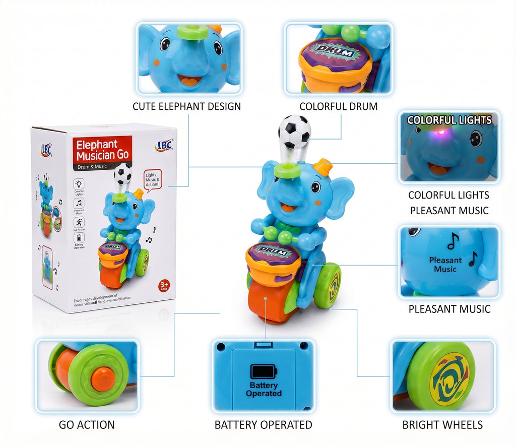 Elephant Musician Go - Bump & Go Musical Elephant Toy with Drum Play, Colorful Lights, and Sound Effects for Kids Ages 3+