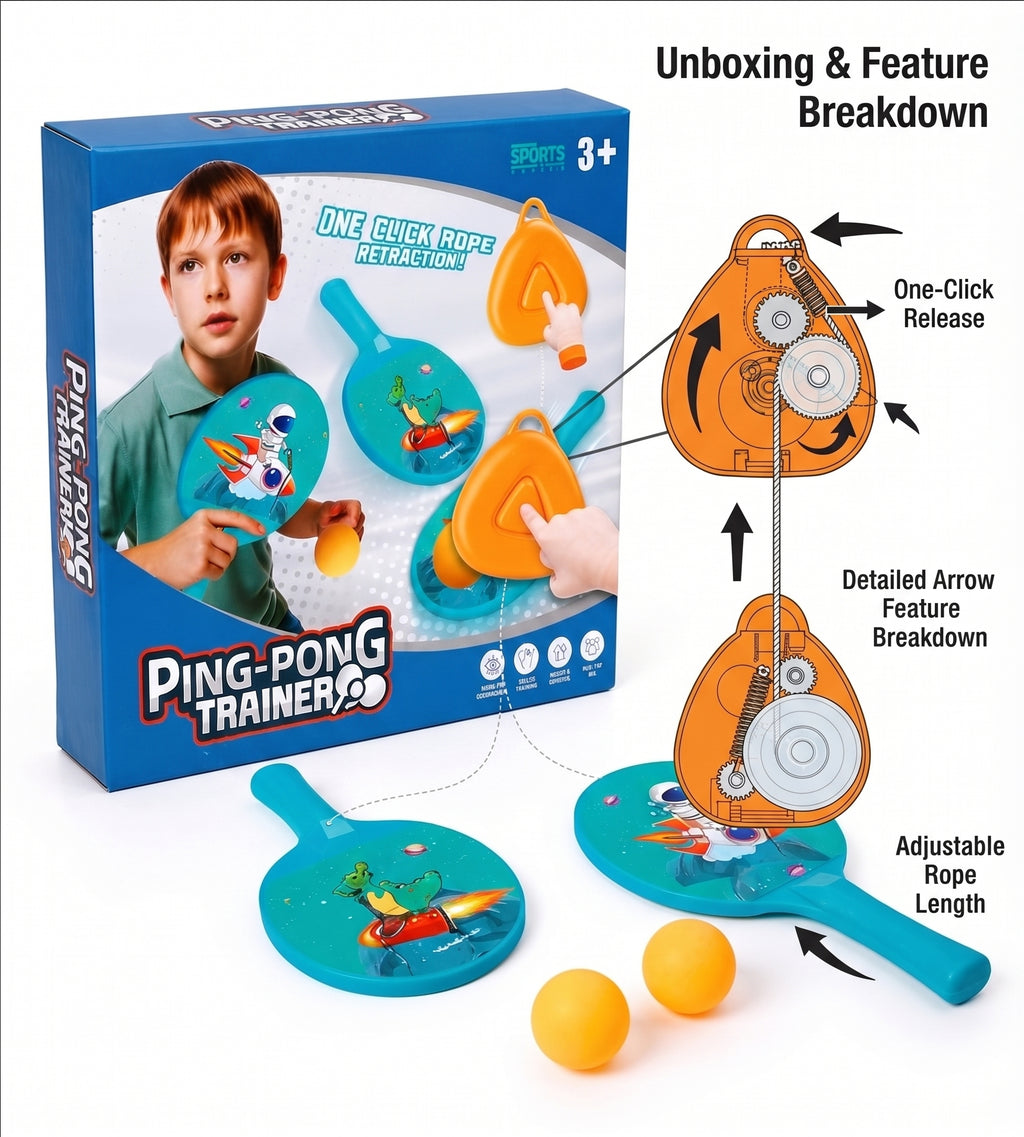 Hanging Ping-Pong Trainer – Solo Indoor and Outdoor Rebound Table Tennis Training Set with Adjustable Cord and Racket (3+ Years)