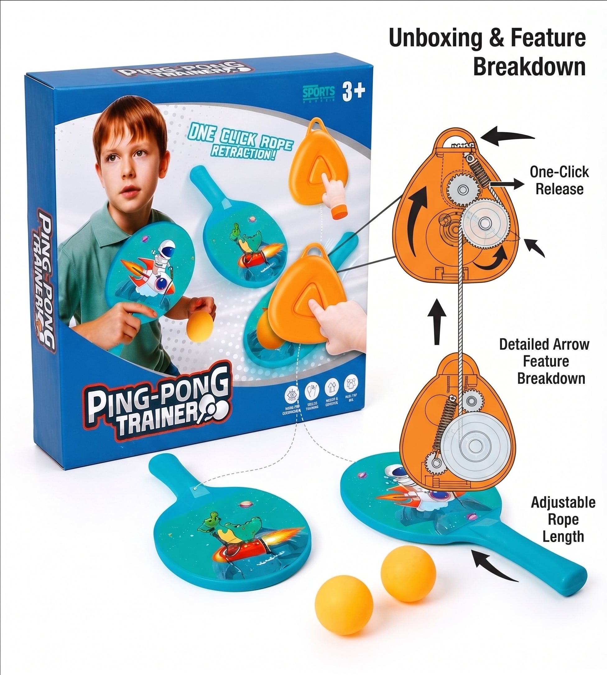 Hanging Ping-Pong Trainer – Solo Indoor and Outdoor Rebound Table Tennis Training Set with Adjustable Cord and Racket (3+ Years)