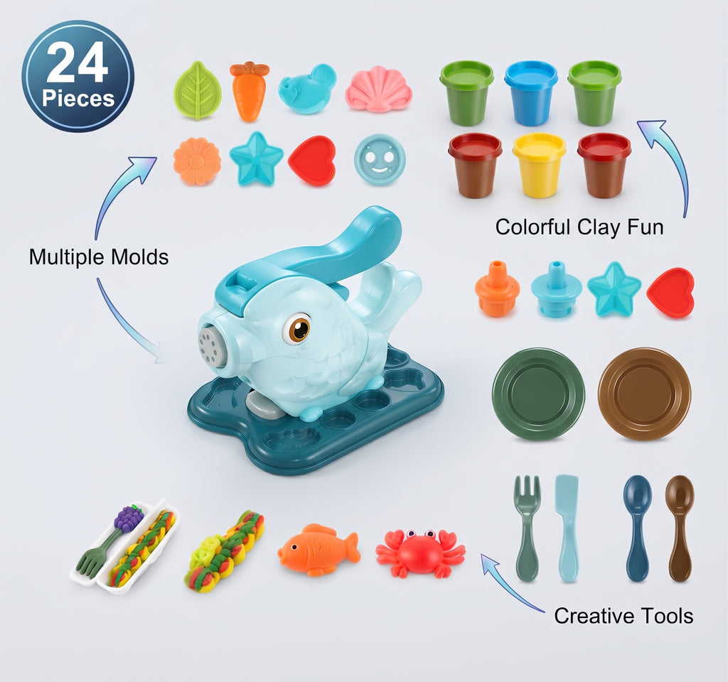 DIY Fish Molding & Mud Bar Set - 24 Pieces Creative Educational Clay Toy, Safe Modeling Dough Kit with Extruder Machine, Molds, and Cutlery for Kids