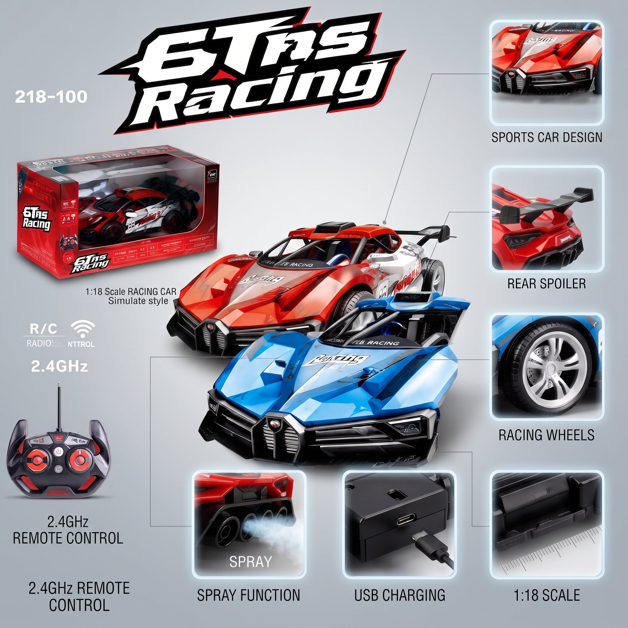 6Tns Racing 1:18 Scale RC Car with Spray Function, 2.4GHz Remote Control, 4-Way Driving, and USB Charging – High-Speed Electric Toy Car for Kids