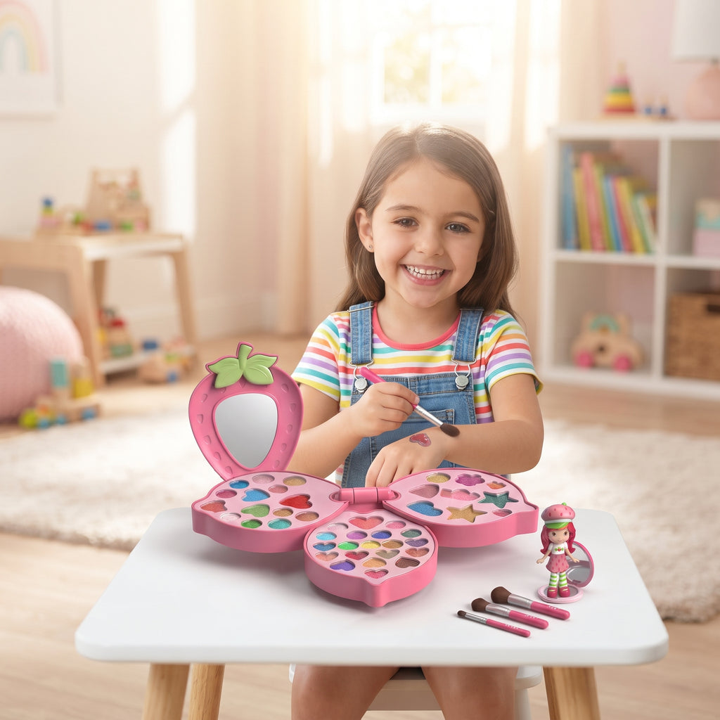 Strawberry Princess Makeup Set for Kids – Foldable Flower Cosmetic Palette with Mirror, Collectible Character Figure, and Mini Makeup Brushes