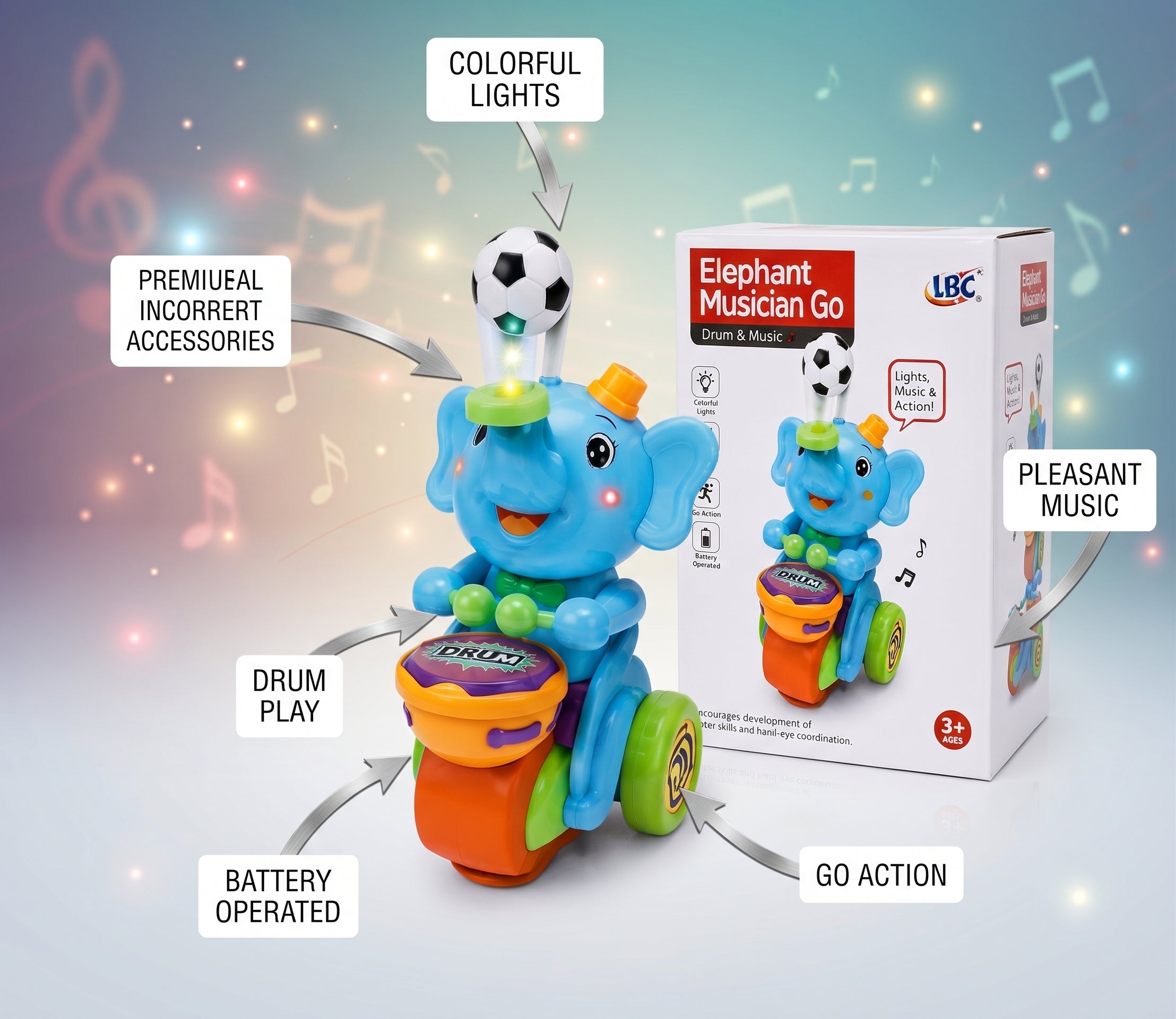 Elephant Musician Go - Bump & Go Musical Elephant Toy with Drum Play, Colorful Lights, and Sound Effects for Kids Ages 3+