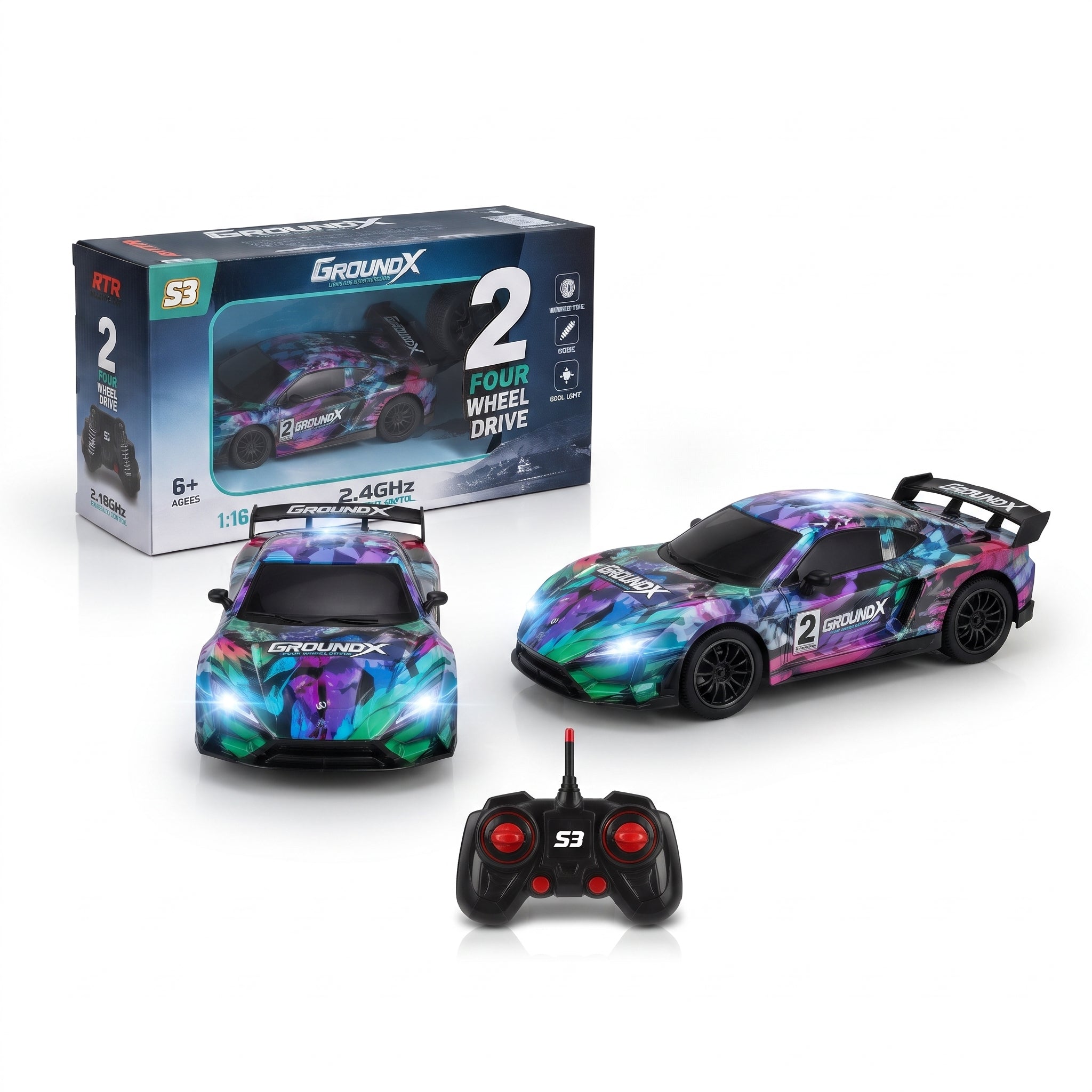 S3 GROUNDX 1:16 RC Racing Sports Car | 2.4GHz 4WD Remote Control Car with LED Lights