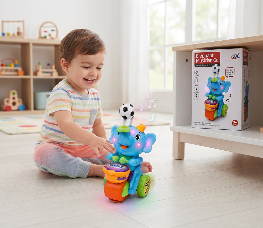 Elephant Musician Go - Bump & Go Musical Elephant Toy with Drum Play, Colorful Lights, and Sound Effects for Kids Ages 3+