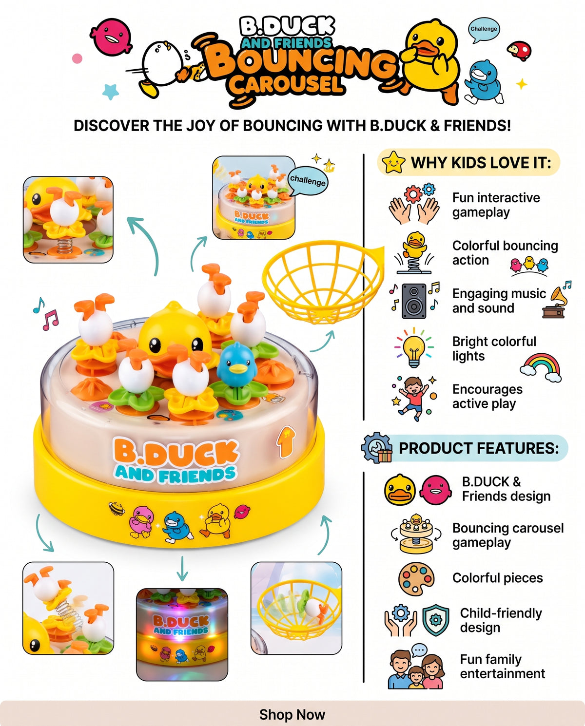 B.Duck & Friends Bouncing Carousel – Interactive Musical Catching Game with Lights