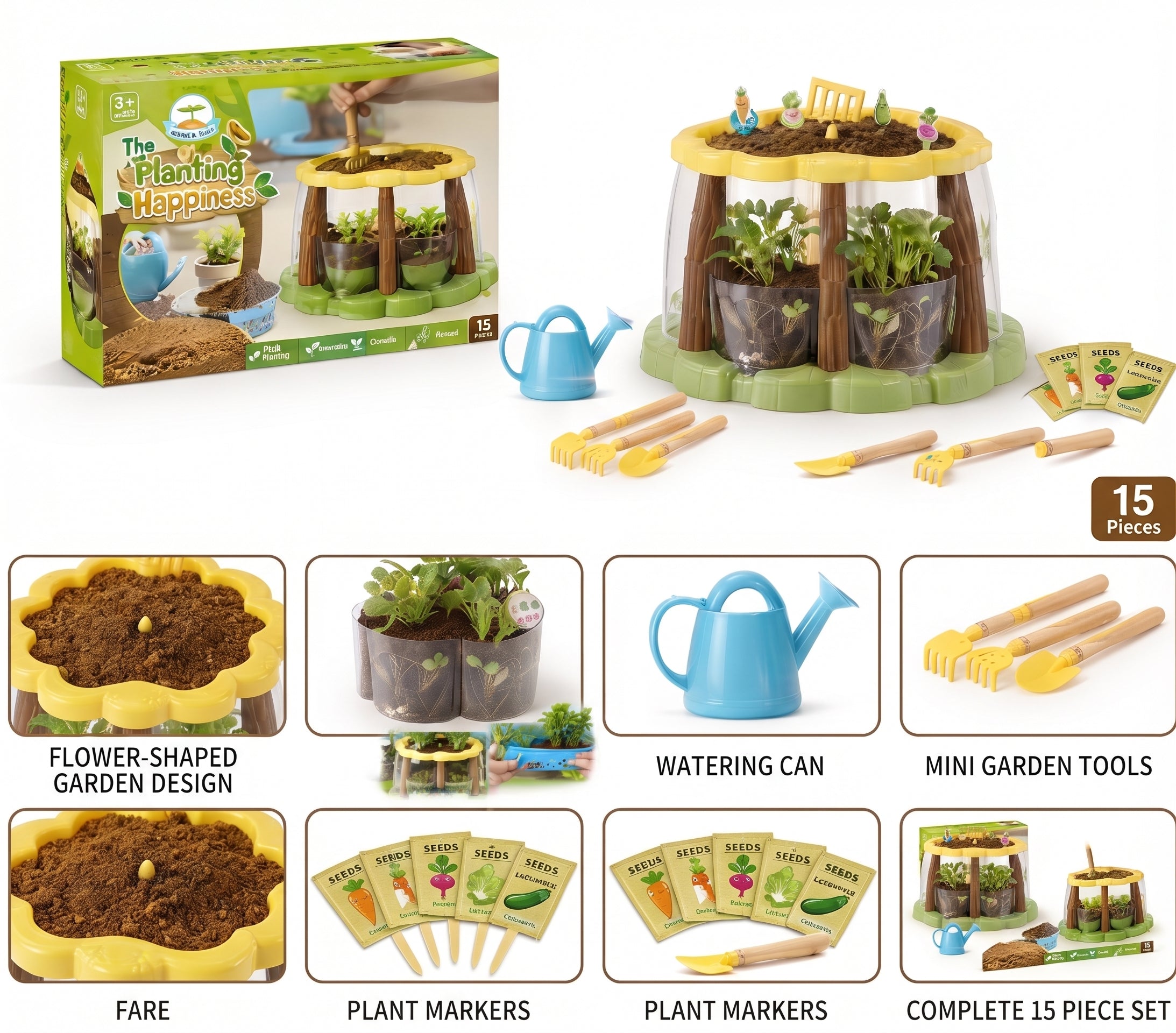 The Planting Happiness Grow & Play Garden Toy Set – 15-Piece Interactive Educational Plant Growing Kit with Transparent Root Observation Windows, Watering Can, and Tools for Kids Age 3+