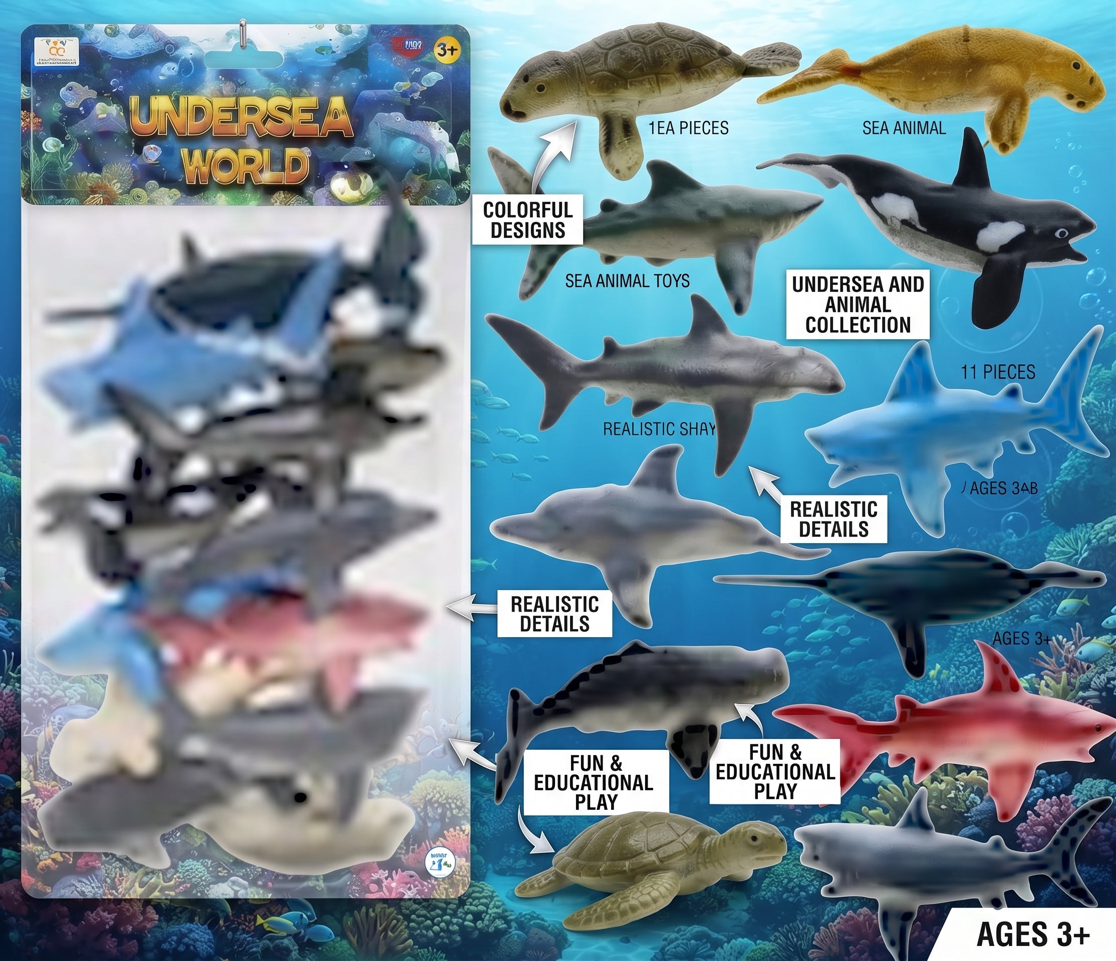 Undersea World Sea Animal Toy Set - 11-Piece Realistic Marine Life Action Figures Collection for Kids Ages 3+